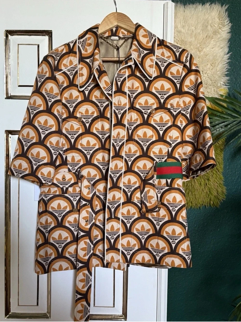 Gucci Orange and Brown Geometric Short-Sleeve Button-Down Shirt